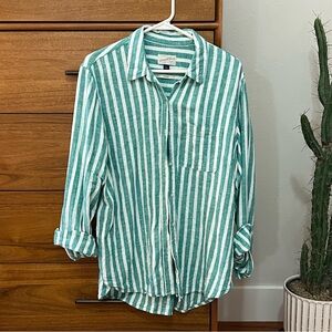 Green and White Striped Button-Up Shirt